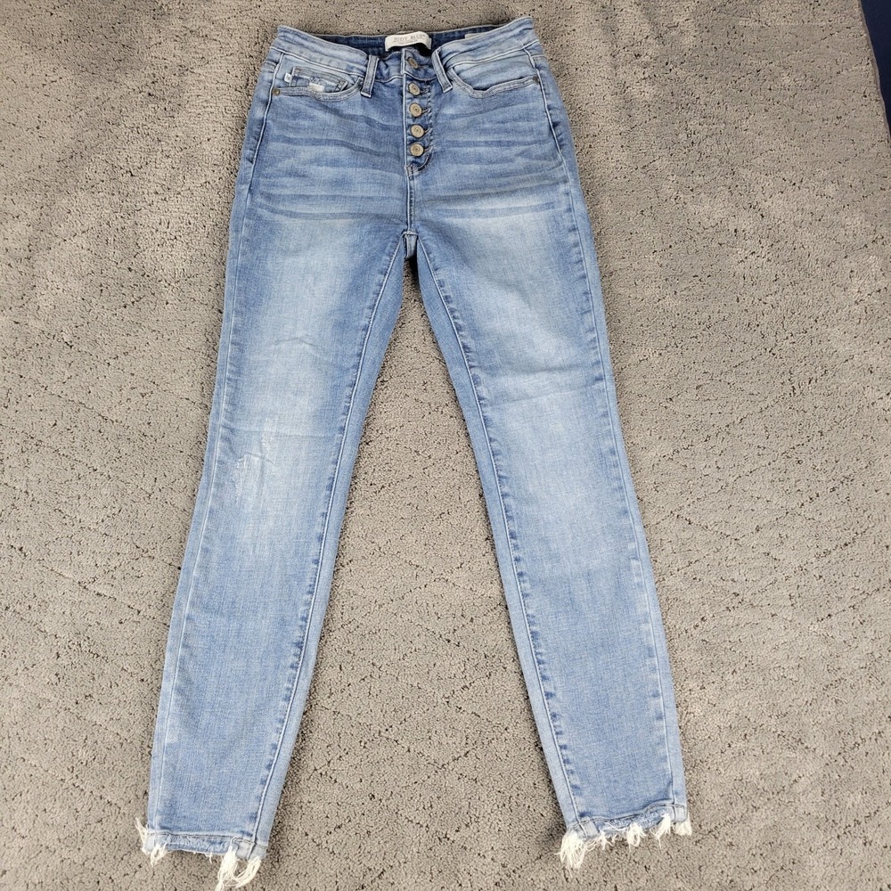 Judy Blue Jeans Womens 5/27 Blue Exposed Button Fly Skinny Whisker Raw Hem Denim